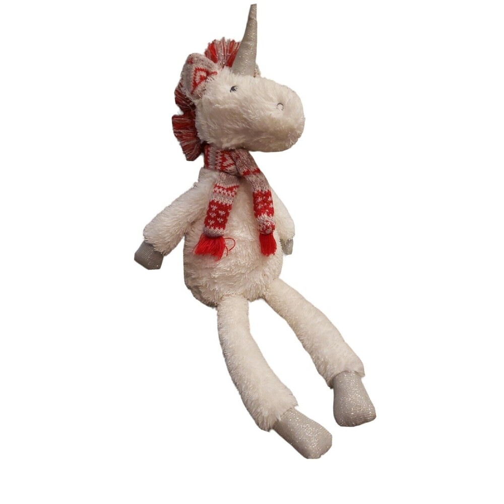 Pier 1 Imports Pippy Unicorn Plush Red Fair Isle Scarf  White 20" Stuffed Animal